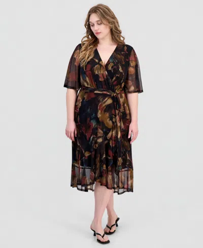 Connected Plus Size Printed Flutter-sleeve Faux-wrap Midi Dress In Black