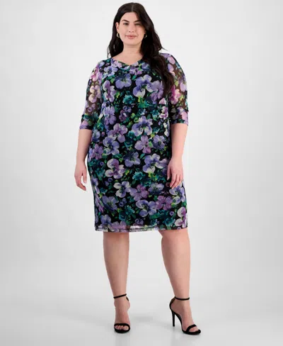 Connected Plus Size Printed Mesh 3/4-sleeve Sheath Dress In Blk