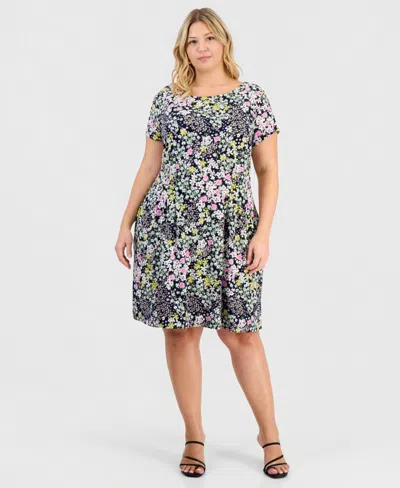 Connected Plus Size Printed Pintuck Short-sleeve Dress In Multi
