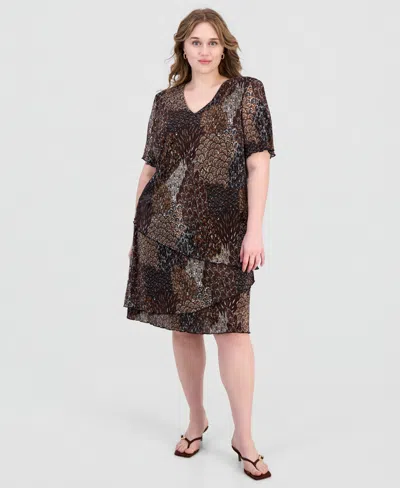 Connected Plus Size Printed Pleated Asymmetric Tiered Sheath Dress In Multi