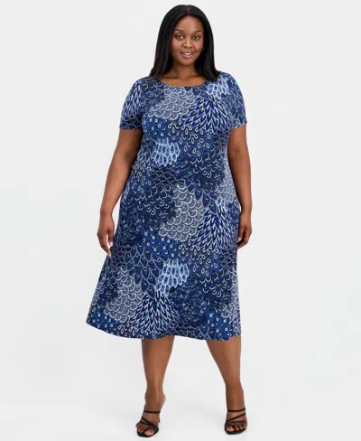 Connected Plus Size Printed Round-neck A-line Dress In Multi