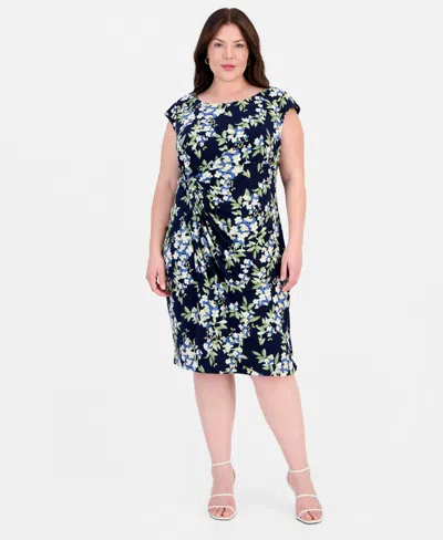 Connected Plus Size Printed Round-neck Faux-sarong Dress In Multi