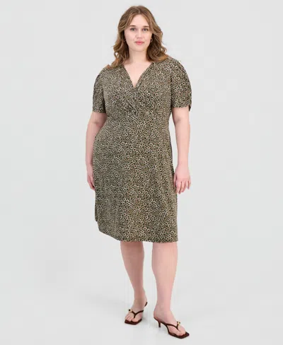 Connected Plus Size Printed Ruched-sleeve Sheath Dress In Green