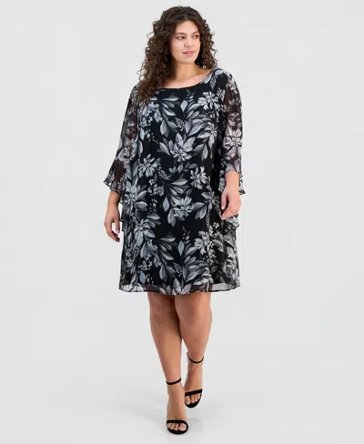 Connected Plus Size Printed Ruffled-bell-sleeve Chiffon Dress In Black