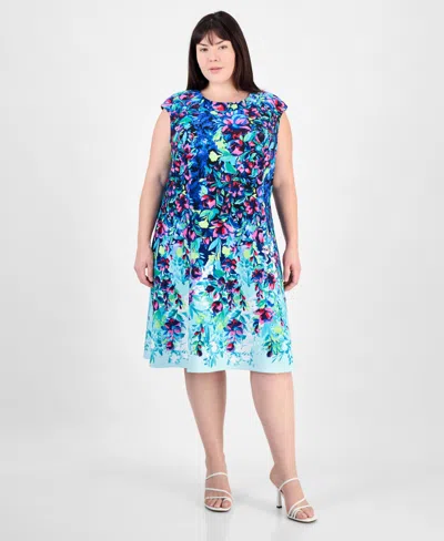 Connected Plus Size Printed Scuba Sleeveless Dress In Peacock
