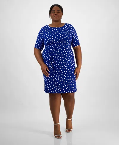 Connected Plus Size Printed Short-sleeve Faux-wrap Sheath Dress In Dcl