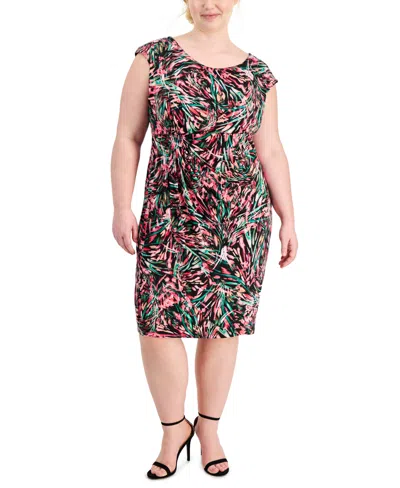 Connected Plus Size Printed Short-sleeve Sheath Dress In Fuschia