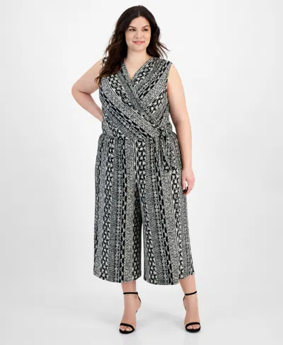 Connected Plus Size Printed Surplice Sleeveless Cropped Jumpsuit In Black