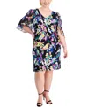 CONNECTED PLUS SIZE PRINTED V-NECK CAPE-SLEEVE DRESS