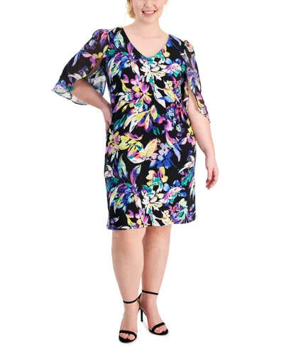 Connected Plus Size Printed V-neck Cape-sleeve Dress In Maize