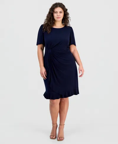 Connected Plus Size Round-neck Drape-front Flutter-sleeve Dress In Blue