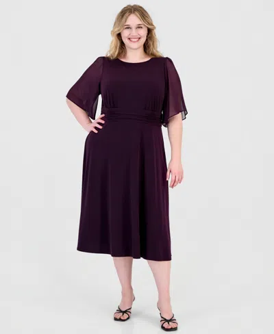 Connected Plus Size Round-neck Chiffon-sleeve Dress In Aubergine