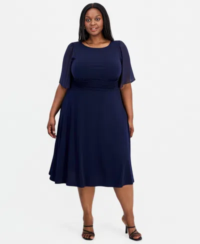 Connected Plus Size Round-neck Chiffon-sleeve Dress In Blue