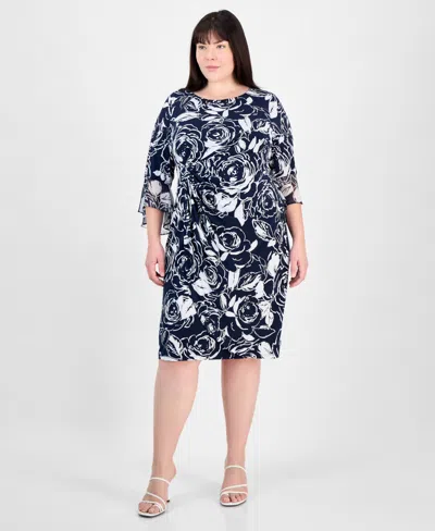 Connected Plus Size Ruched Side-tab 3/4-sleeve Dress In Navy