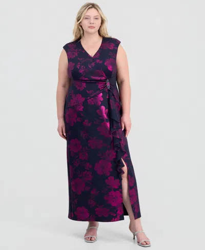 Connected Plus Size Ruffled Brooch-embellished Dress In Purple