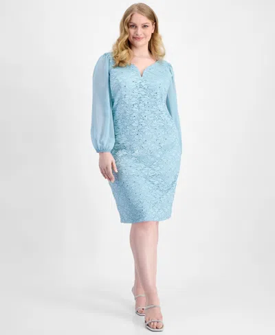 Connected Plus Size Sequin Lace Blouson-sleeve Sheath Dress In Blue