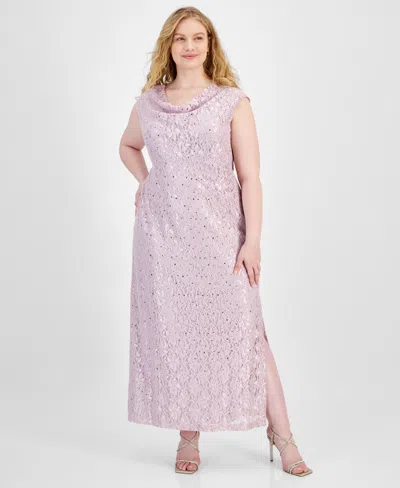Connected Plus Size Sequined Lace Draped-neck Gown In Pale Orchid