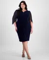 Connected Plus Size Sheer-sleeve Chain-detail Sheath Dress In Nvy