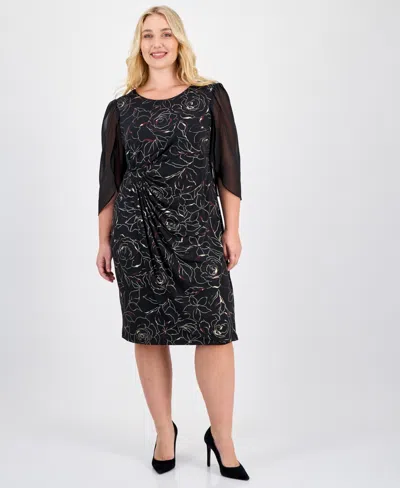 Connected Plus Size Sheer-sleeve Printed Side-tab Dress In Multi
