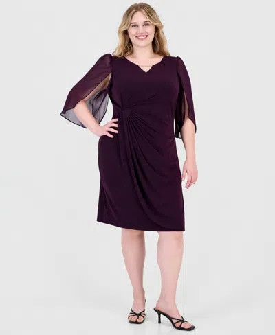 Connected Plus Size Sheer-sleeve Chain-detail Sheath Dress In Aubergine