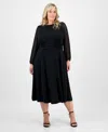 Connected Plus Size Shirred-waist Sheer-sleeve Midi Dress