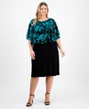 Connected Plus Size Short-sleeve Cape Overlay Jersey Dress In Multi