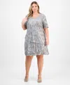 Connected Plus Size Short-sleeve Tiered Metallic Sheath Dress
