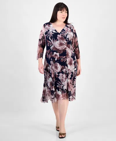 Connected Plus Size Side-ruched 3/4-sleeve Midi Dress In Navy.mauve