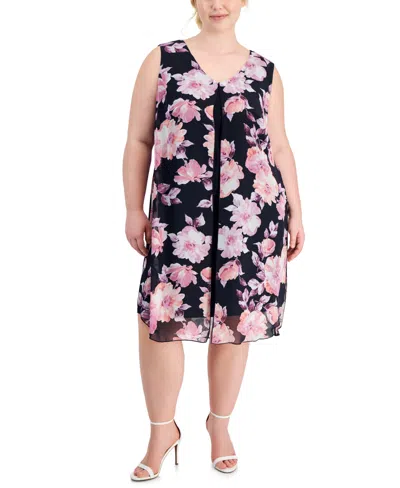 Connected Plus Size Sleeveless Printed Overlay Dress In Navy,mauve