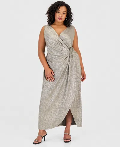 Connected Plus Size Sleeveless Surplice Flower-detail Dress In Gray