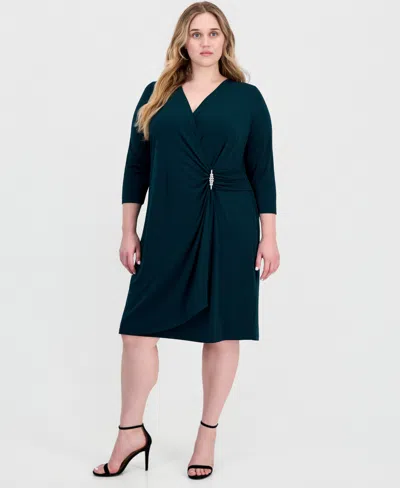 Connected Plus Size Surplice Ruched Hardware Wrap Dress In Hunter
