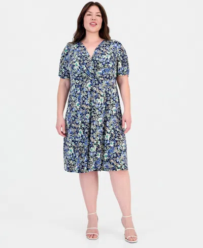 Connected Plus Size Surplice-neck Short-sleeve Dress In Multi