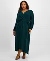 Connected Plus Size Tie-front Wrap Maxi Dress In Pine Green