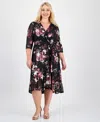 Connected Plus Size V-neck Belted 3/4-sleeve Dress In Multi