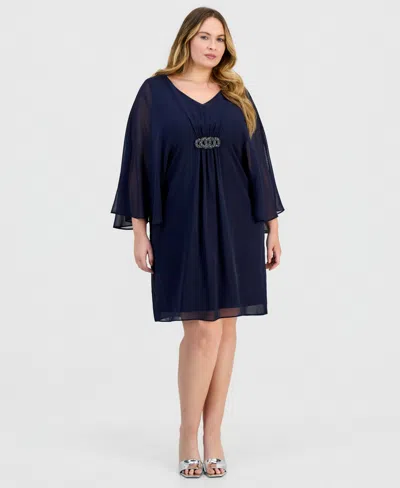 Connected Plus Size V-neck Embellished-trim Dress In Blue