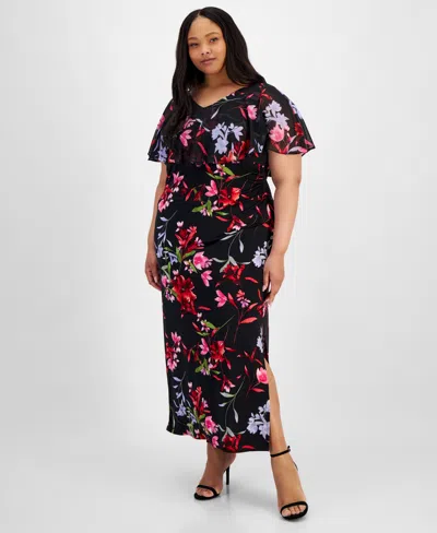 Connected Plus Size V-neck Floral Cape Maxi Dress In Red