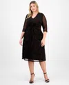 Connected Plus Size V-neck Mesh Elbow-sleeve Dress In Black