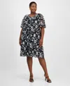 Connected Plus Size V-neck Ruch-front Short-sleeve Mesh Dress