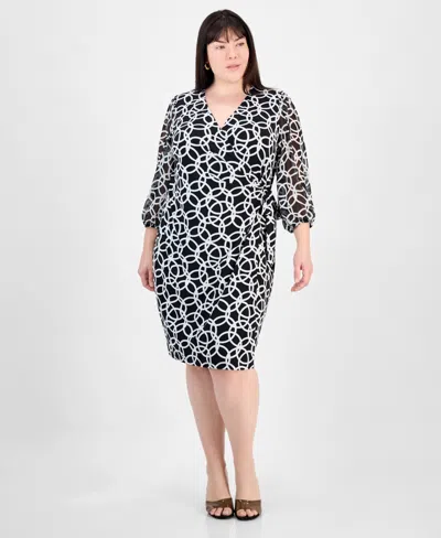 Connected Plus Size V-neck Side-tie Sheer-sleeve Dress In Black