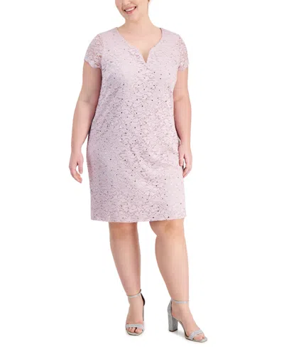 Connected Plus Size V-slit-neck Sequin Lace Sheath Dress In Pale Orchid