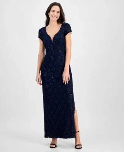 Connected Sequined Lace Column Gown 4p 16 In Blue