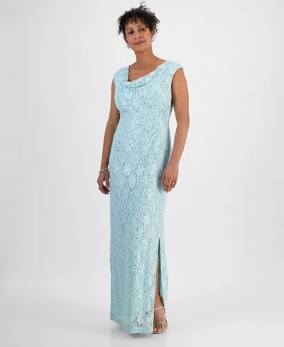 Connected Sequined Lace Cowl-neck Gown In Seafoam