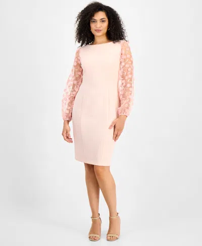 Connected Women's Boat-neck Floral-sleeve Sheath Dress In Dusty Rose