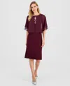 Connected Women's Cape Overlay Dress In Burgundy