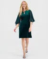 Connected Women's Capelet-sleeve Stretch Velvet Sheath Dress In Green