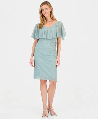 Connected Women's Cape-overlay Glitter Sheath Dress In Gray