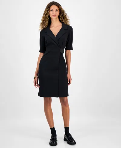 Connected Women's Collared Faux-wrap Scuba Sheath Dress In Black
