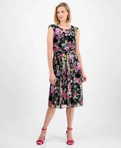 Connected Women's Floral Chiffon Tie-waist Midi Dress In Berry