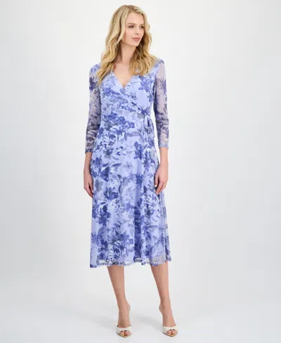 Connected Women's Floral Mesh-sleeve Side-tie Wrap Dress