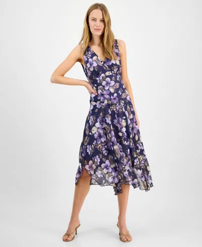 Connected Women's Floral-print Asymmetrical Midi Dress In Med Purple